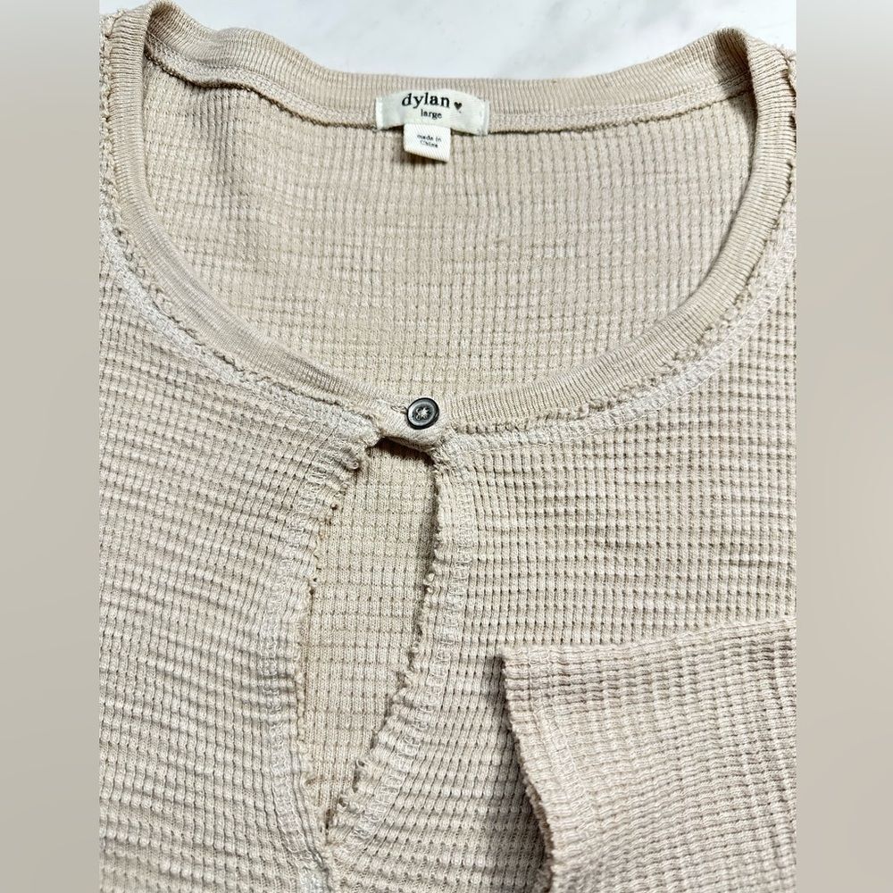 Dylan Cream Waffle Knit Cotton Long Sleeve Pullover, Keyhole Front Size Large